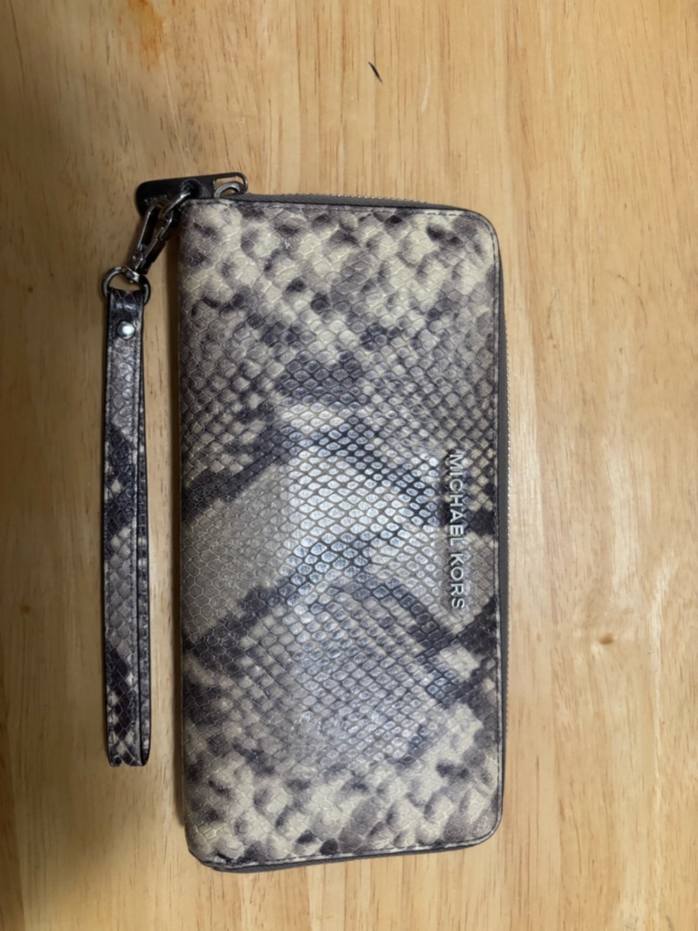 Michael Kors Snake-Print Zip Wristlet Wallet in Taupe and Gray